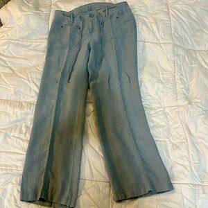Gray linen pants, zipper front, pockets in back